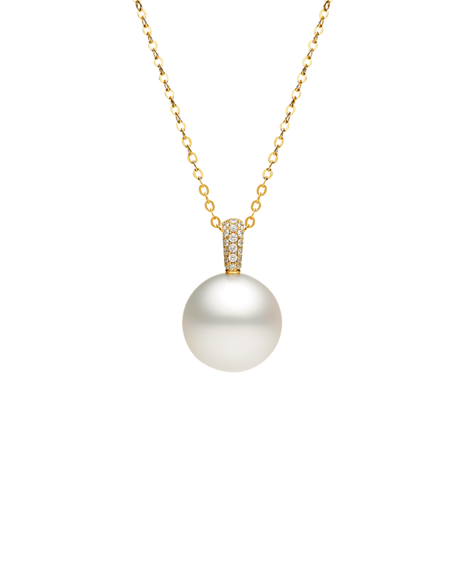 Audrey Pearl Pendant | 15mm Round Pearl, Diamonds, and Yellow Gold 1