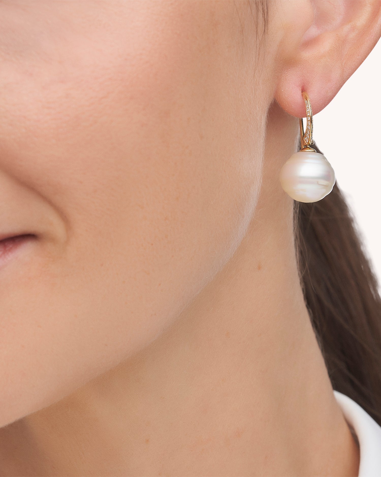 Diamond Keel Edge Pearl Earrings | 13mm Circle Pearls, Diamonds and Yellow Gold 2