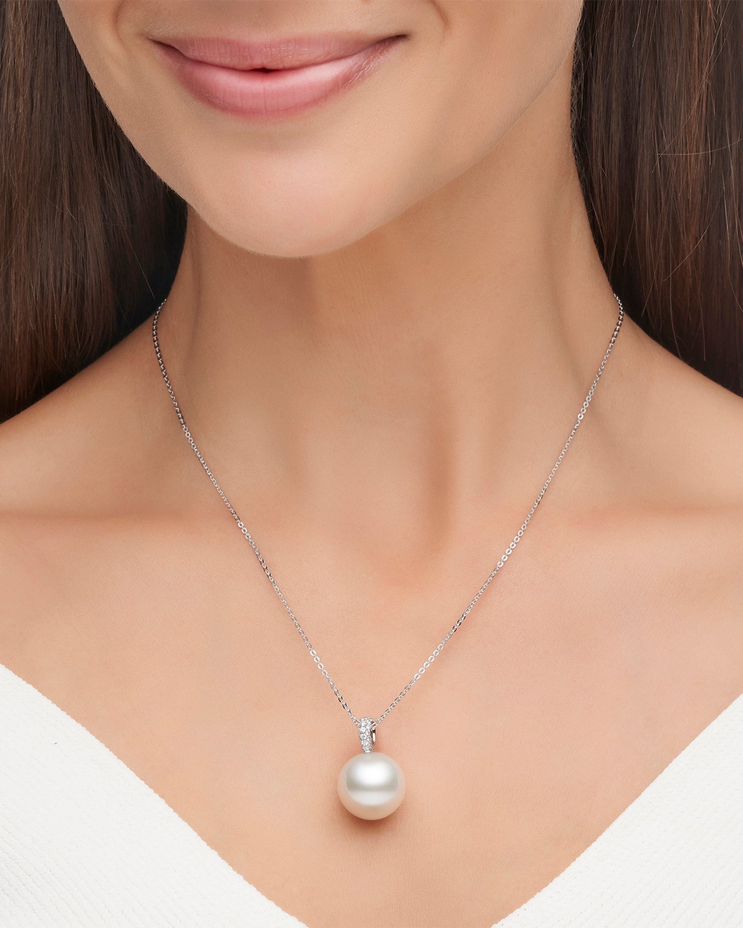 Audrey Pearl Pendant | 15mm Round Pearl, Diamonds, and White Gold 3