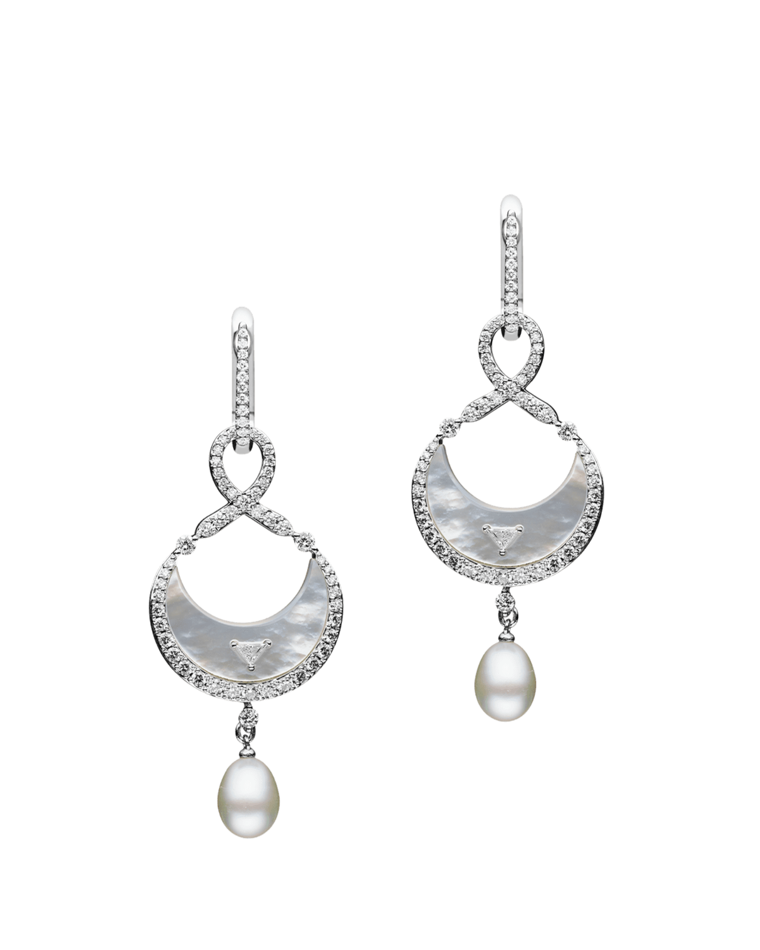 Diamond Set Crescent Moon Pearl Earring Enhancers | 9-11mm Pearls, White Opals, and White Gold 1