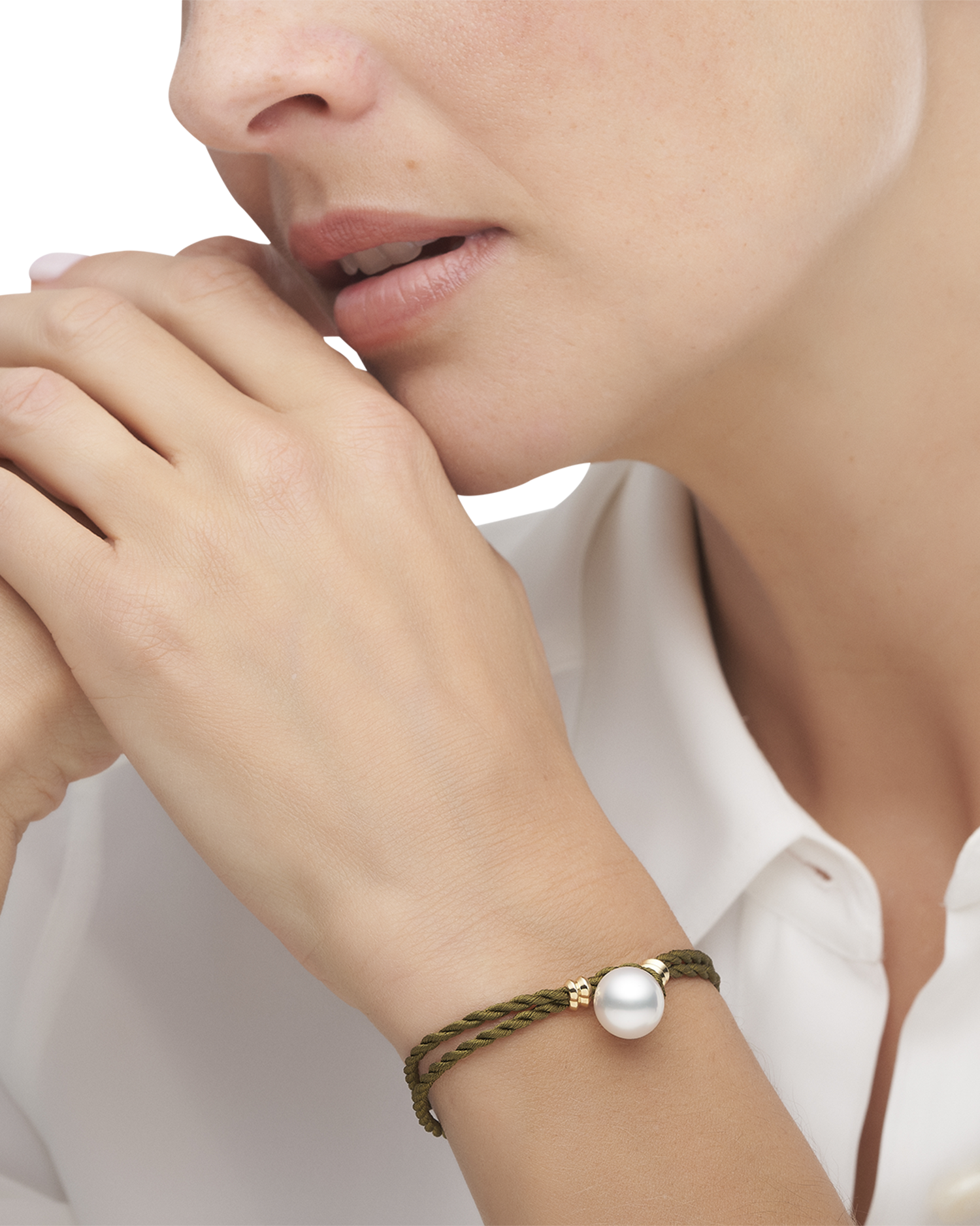 Eucalyptus Silk Pearl Bracelet | 10mm Semi-Round Pearl, Silk and Yellow Gold 2