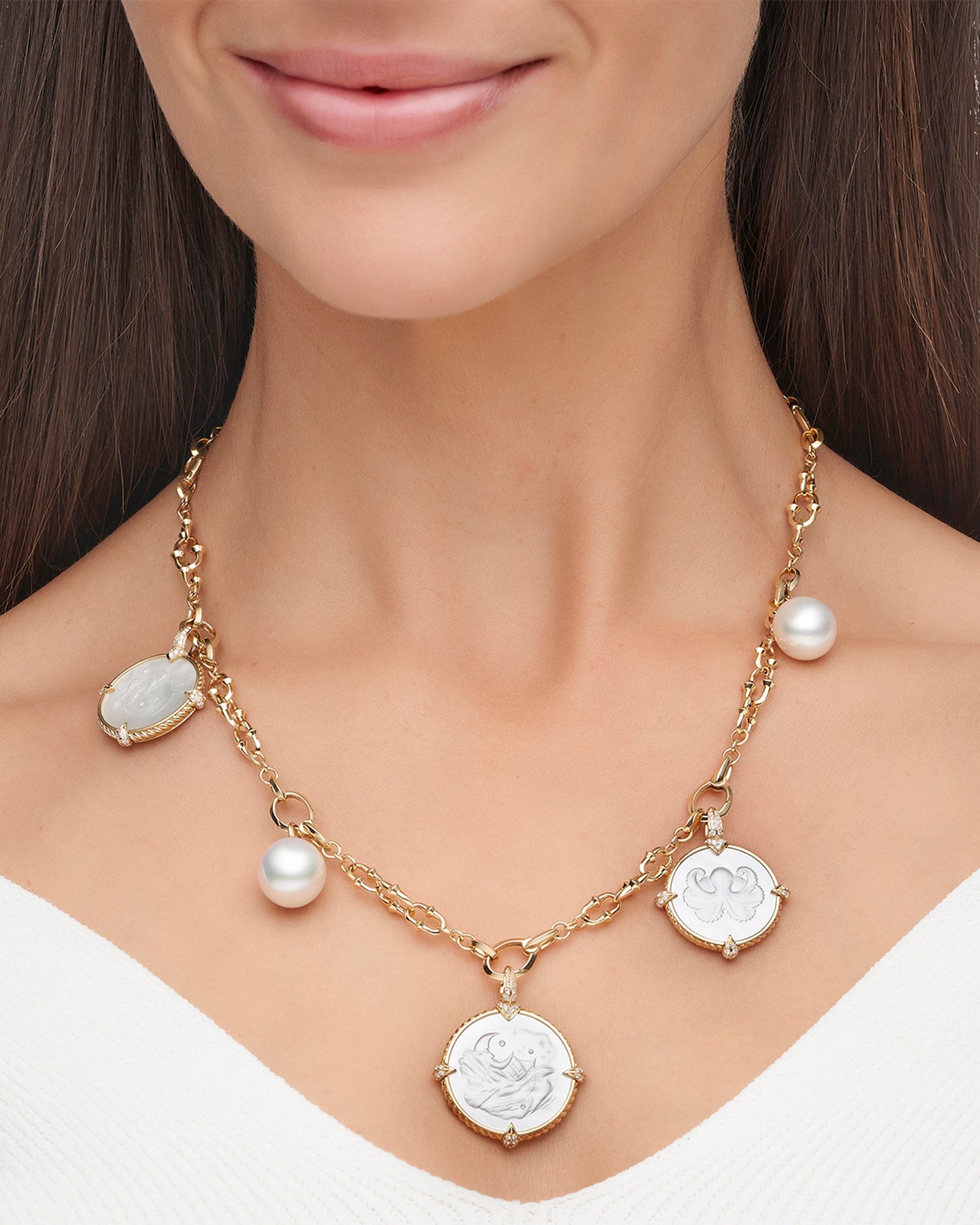 Layered Dive Charm Necklace | 13mm Oval Pearl, Mother of Pearl and Yellow Gold 6