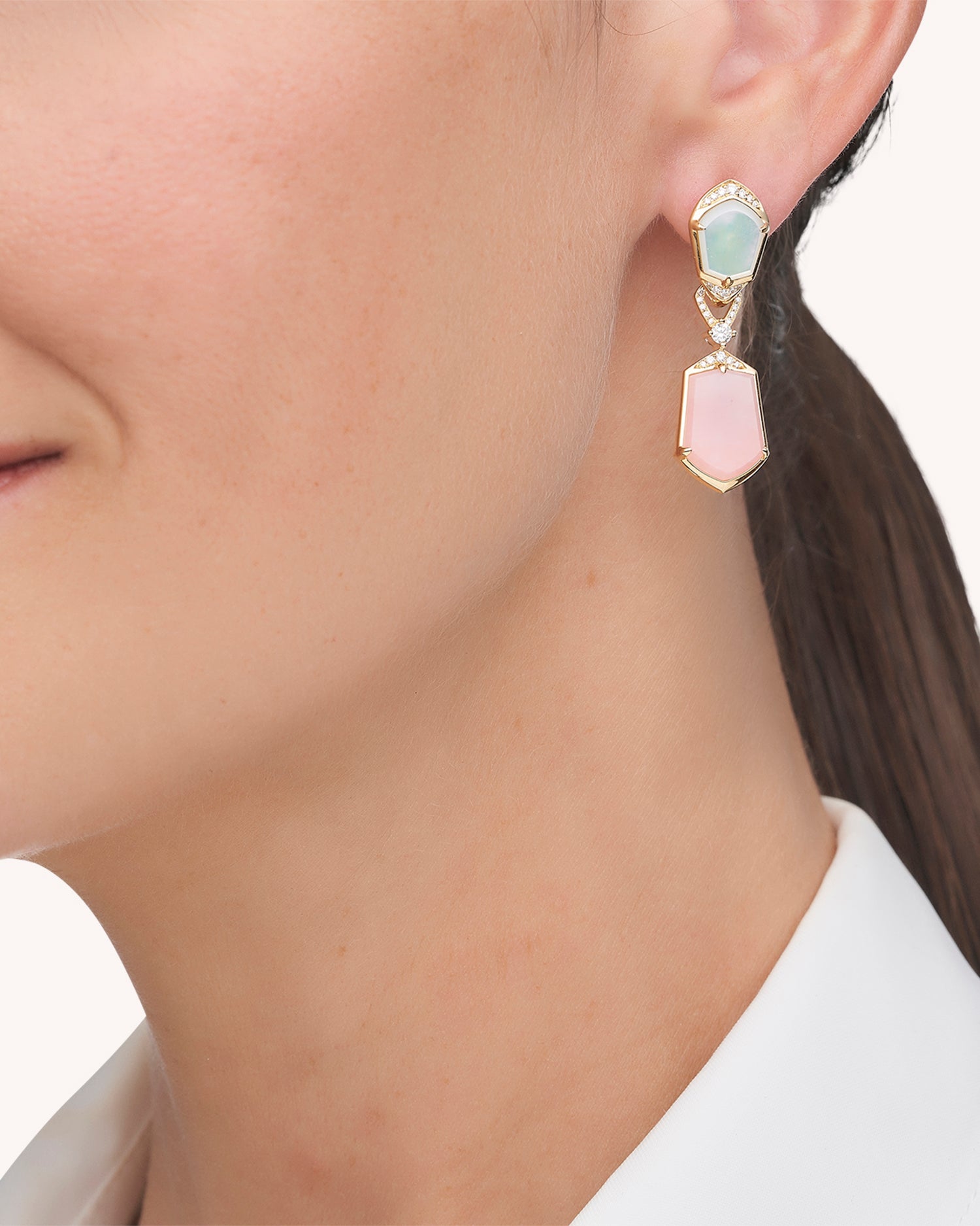 Pink Opal Megisti Earrings | Mother of Pearl, Pink Opals and Yellow Gold 2