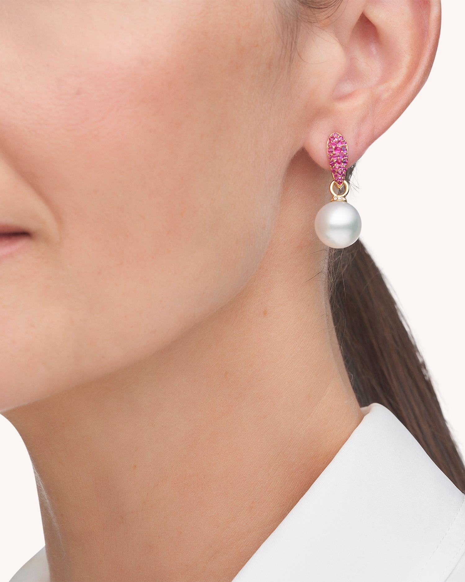 Ruby Touchstone Pearls My Way Pearl Earrings | 12mm Oval Pearls, Rubies, and Rose Gold 2