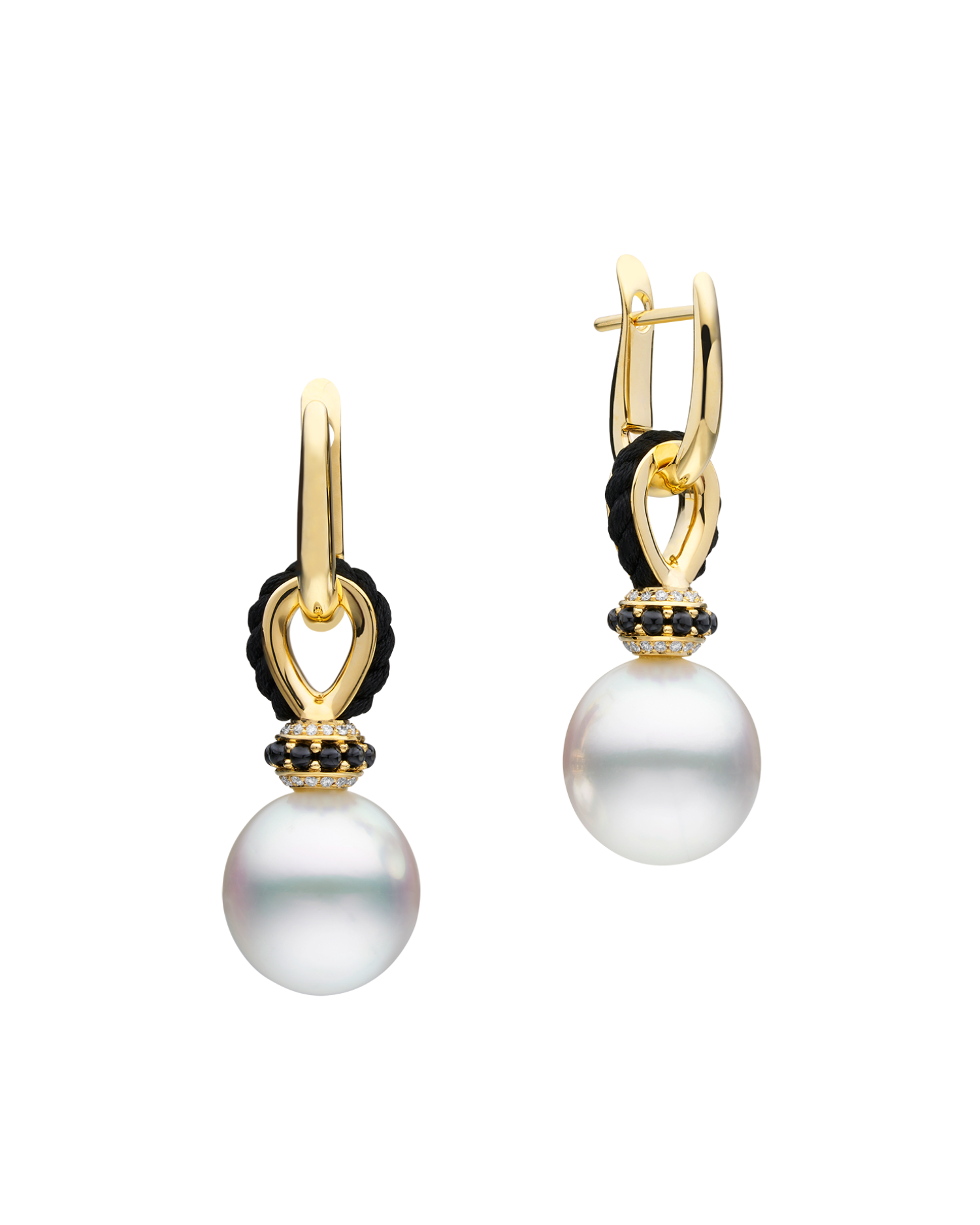 Dive Thimble Drop Pearl Earrings | 12mm Oval Pearl, Black Spinel, and Yellow Gold 1