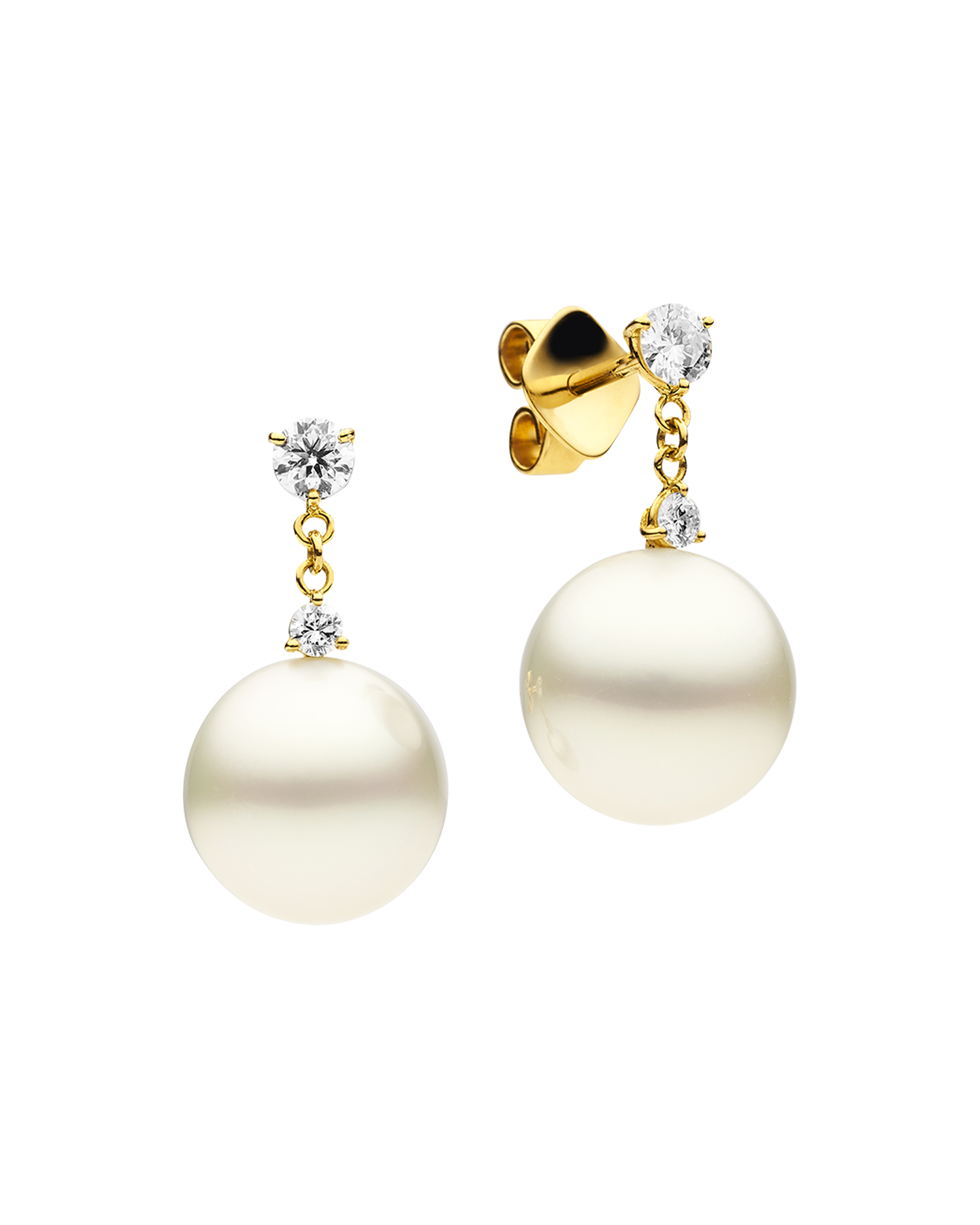 Diamond Dew Drop Pearl Earrings | 11mm Round Pearls, Diamonds, and Yellow Gold 2