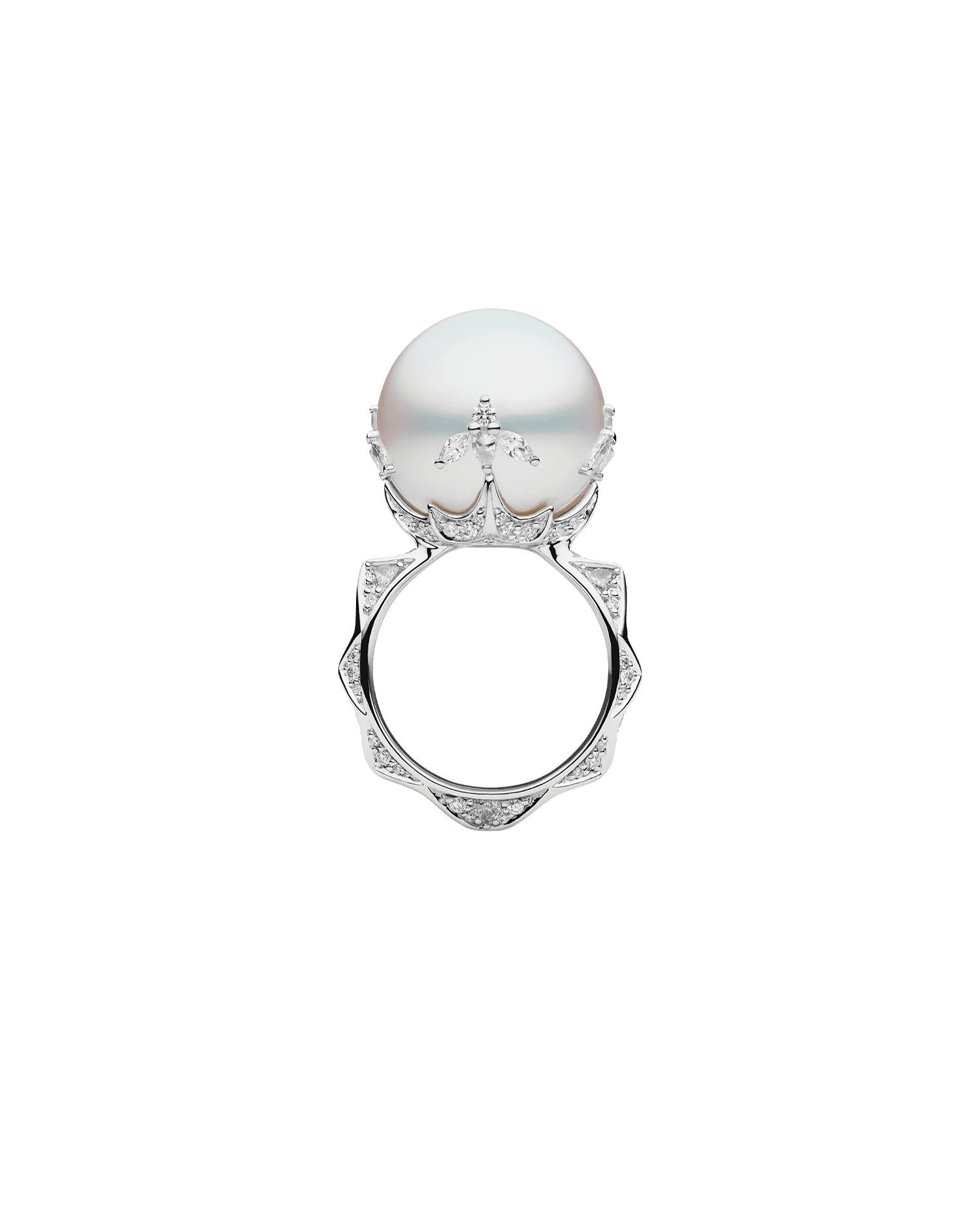 Full Moon Pearl Ring | 16mm Round Pearl, Diamonds, and White Gold 2