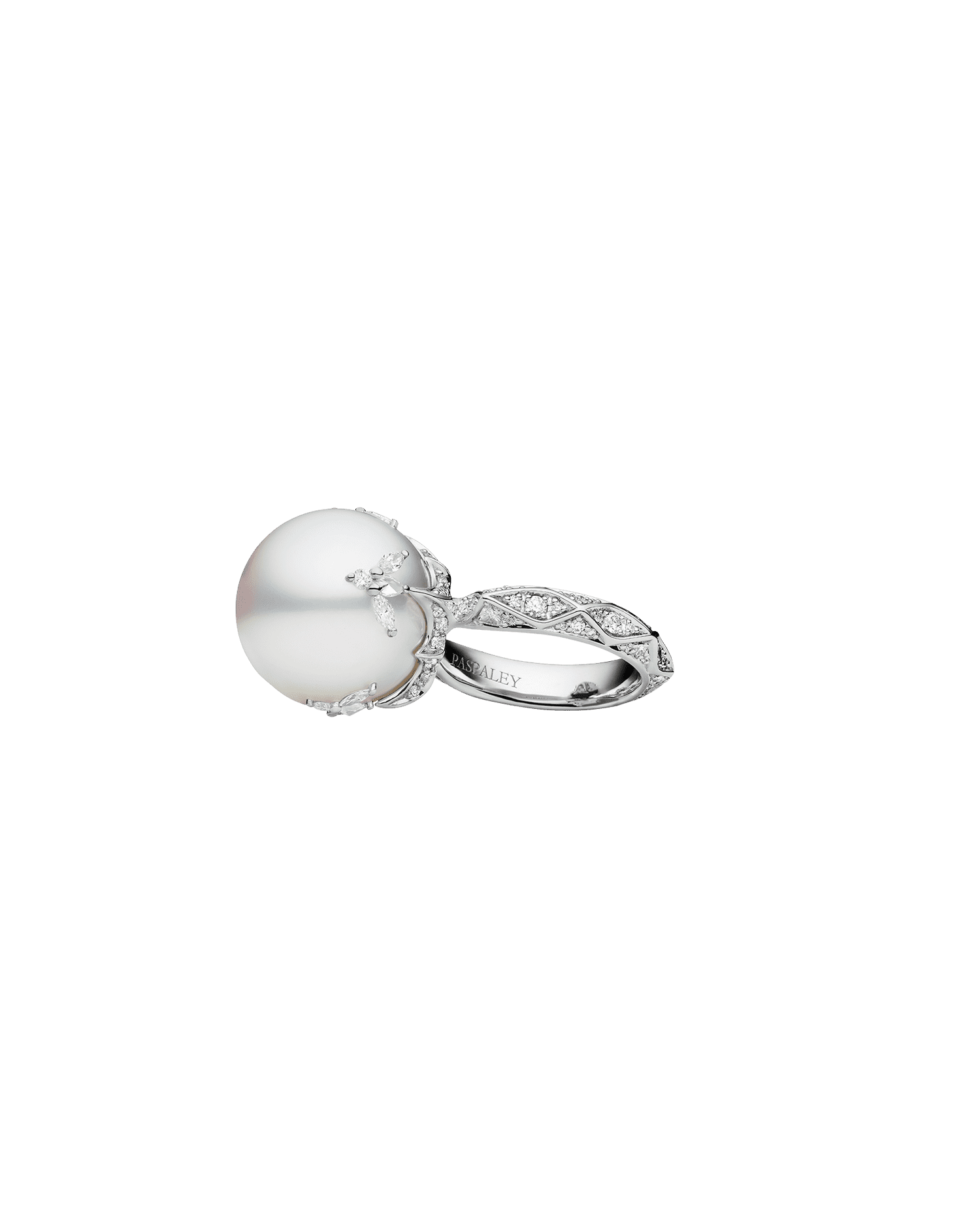 Full Moon Pearl Ring | 16mm Round Pearl, Diamonds, and White Gold 4