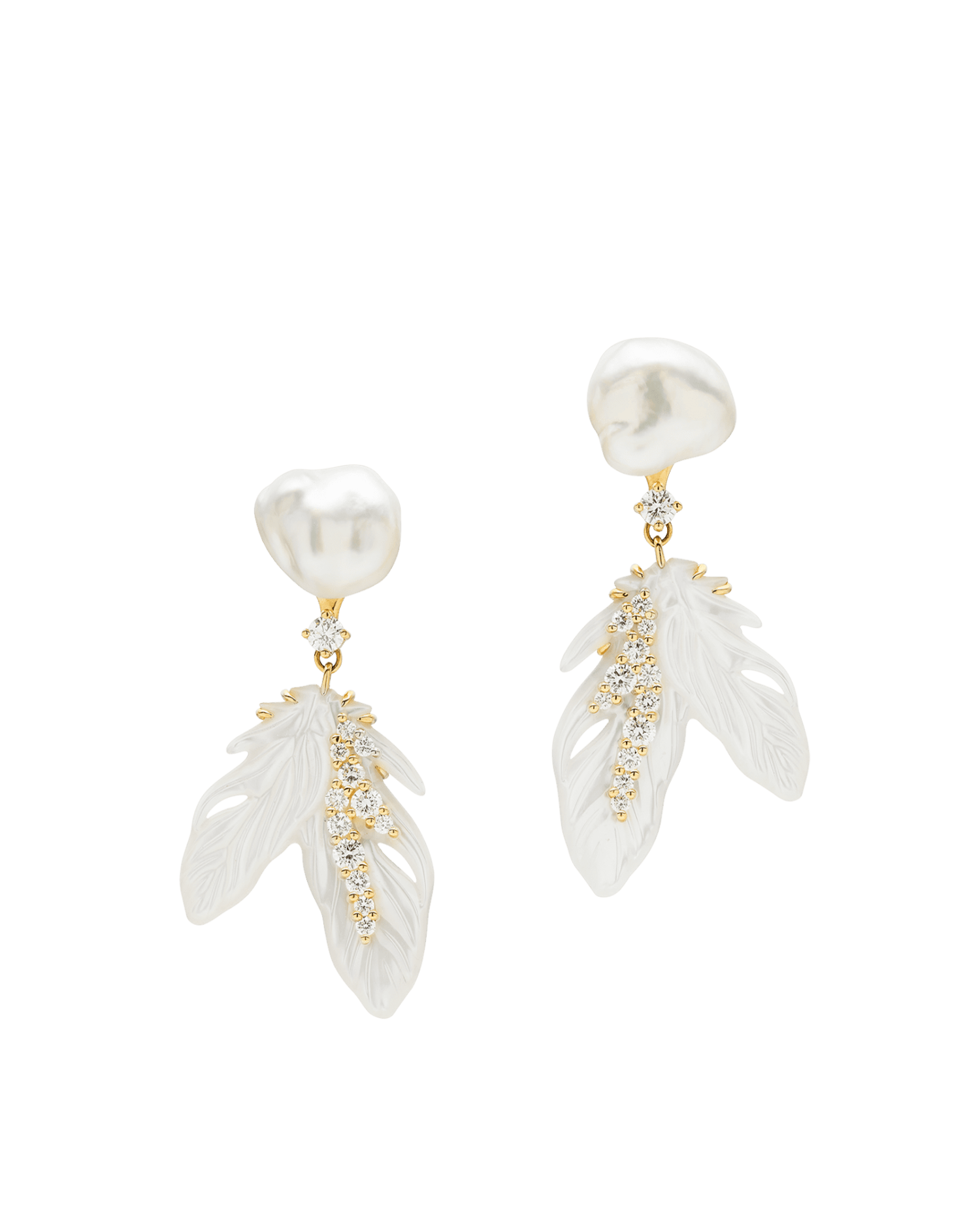 Feather Mother Of Pearl Earring Enhancers | Mother Of Pearl, Diamonds, and Yellow Gold 1