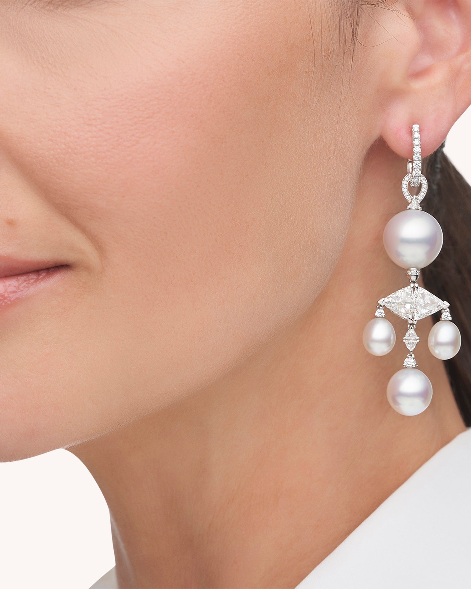 Unique Chandelier Pearl Earrings | 7-13mm Drop Pearls, Diamonds, and White Gold 2