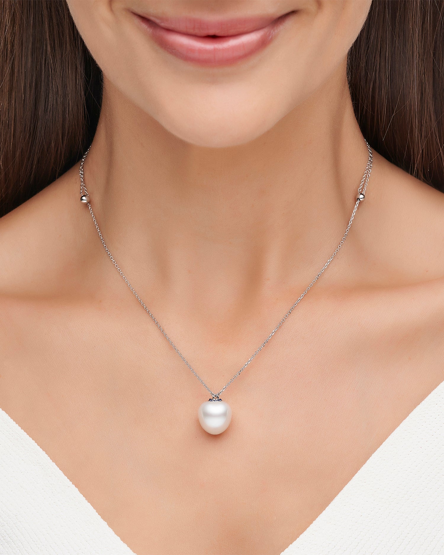 Blue Sapphire Touchstone Single Pearl Necklace | 13mm Triangle Pearl, Blue Sapphires, and White Gold 3